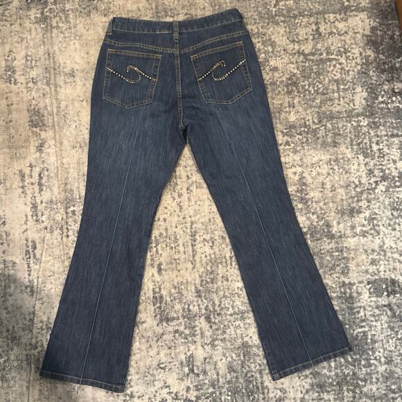Blue Denim Regular 5 Pocket Jeans Jeweled Back Pockets Size 0, S, 4 Short - Picture 2 of 4